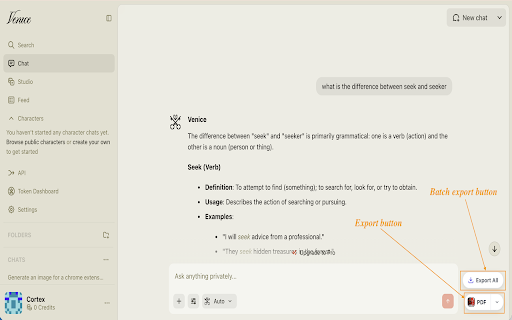 Venice AI to PDF: Export Venice AI Chats to PDF, Markdown, JSON screenshot