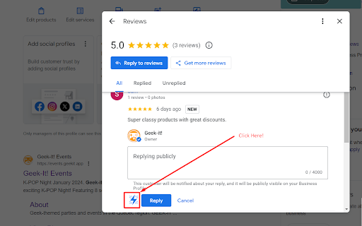 ChatGPT AI assistant for Google Reviews and Questions screenshot