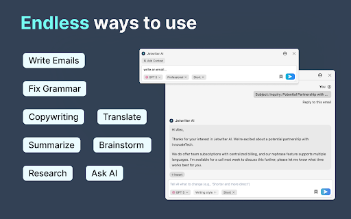 Jetwriter AI: Reply Emails, Ask Page, Summarize, Fix Grammar, and More screenshot