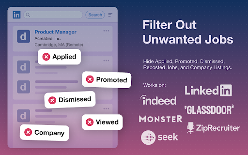 Job Search Filter — Hide Applied, Reposted Jobs, Companies, and Keywords screenshot