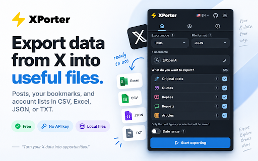 XPorter — Free X/Twitter Export: Posts, Followers · CSV/JSON/XLSX screenshot