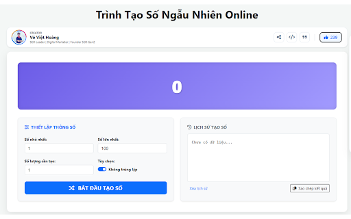 Công Cụ Tạo Số Ngẫu Nhiên - Võ Việt Hoàng SEO screenshot