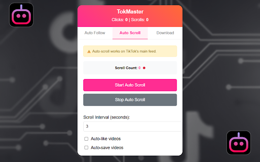 Auto Follow Scroll, Like, Save – TokMaster screenshot