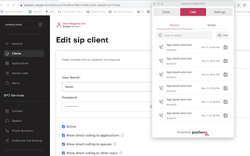 jambonz webrtc phone screenshot