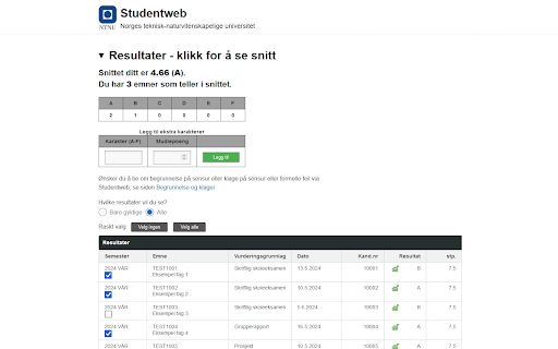 Karaktersnitt for Studentweb screenshot