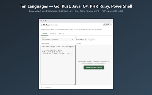 Curl to Code: Python, JS & Node Converter screenshot