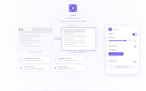 ScrollDive — Auto Fullscreen on Scroll screenshot