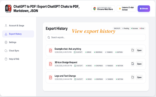 ChatGPT to PDF: Export ChatGPT Chats to PDF, Markdown, JSON screenshot