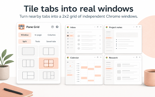 Split Screen, Tile Tabs, Tab Resize, Snap Windows, Save Restore Layouts 2x2 screenshot