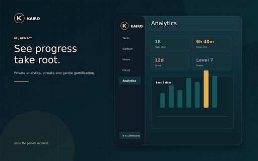 Kairo: Productivity Side Panel — Tasks, Kanban, Focus & Pomodoro screenshot