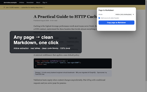 Page to Markdown for LLMs — Copy Clean Web Content screenshot