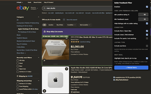 eBay Seller Feedback Filter screenshot