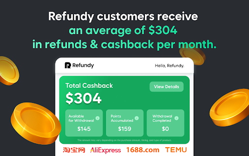 Refundy – Cashback & Price Drop Refund (Taobao, AliExpress, 1688, Temu) screenshot