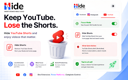 Hide Shorts, Reels, Stories & Sponsored – YouTube, Facebook & Instagram screenshot