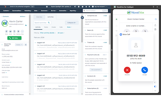 NovelVox Smart CTI Connector for Hubspot screenshot
