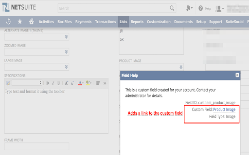 NetSuite Advanced Field Help screenshot