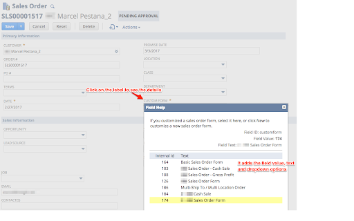 NetSuite Advanced Field Help screenshot