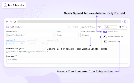 Tab Scheduler with auto open and close screenshot
