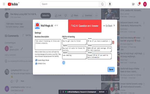 MailMagic AI assistant for Youtube comments screenshot