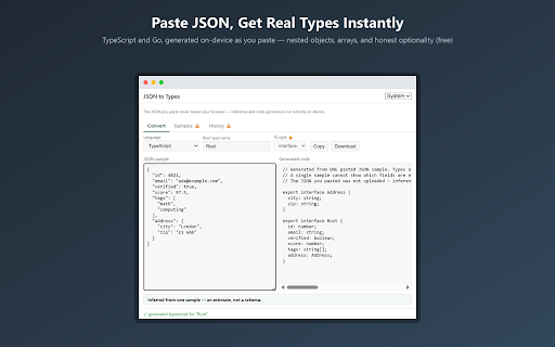 JSON to Types: TypeScript, Go, Python & Rust screenshot
