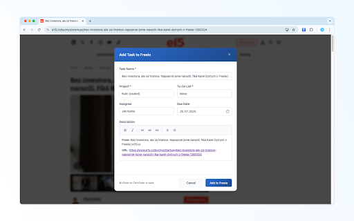 Freelo Quick Add screenshot