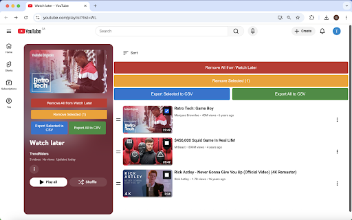 YouTube Watch Later Tool (Export & Remove) screenshot