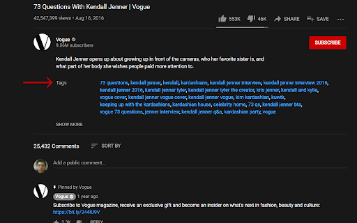 YouTube Tags screenshot