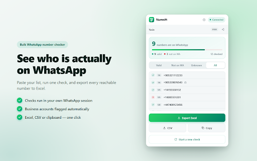 Numsift — Bulk WhatsApp Number Checker & Validator | Export to Excel screenshot