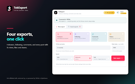 TokExport - TikTok Follower List, Following & Comment Export Tool screenshot