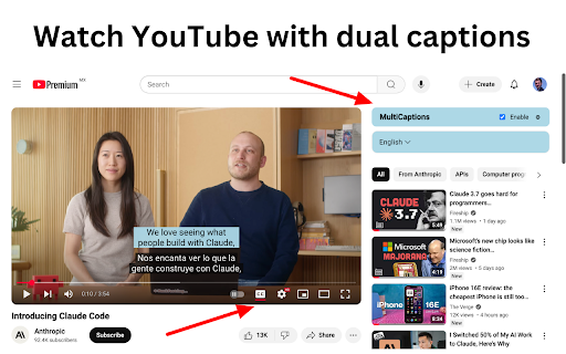 MultiCaptions - Multi-Language Captions for YouTube screenshot