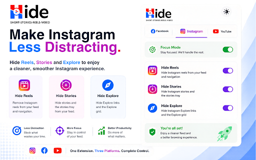 Hide Shorts, Reels, Stories & Sponsored – YouTube, Facebook & Instagram screenshot