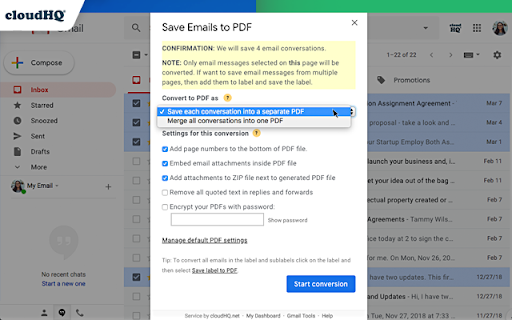 Save Emails as PDF by cloudHQ screenshot