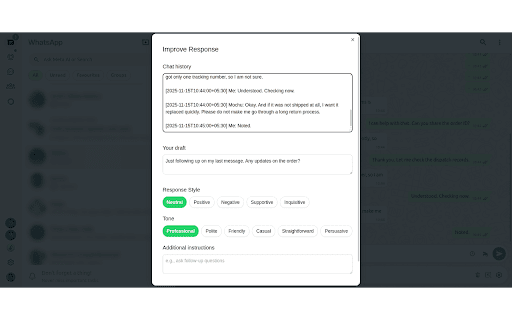 Reply Wizard: AI Replies, Voice to Text & Summaries for WhatsApp Web screenshot