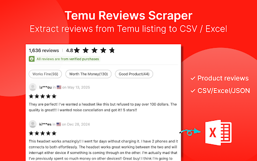Temu Reviews Scraper - Extract Temu Reviews to CSV/Excel/JSON screenshot