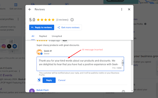 ChatGPT AI assistant for Google Reviews and Questions screenshot