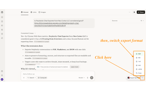Perplexity Chat Exporter: Export Perplexity to PDF, Markdown, JSON screenshot