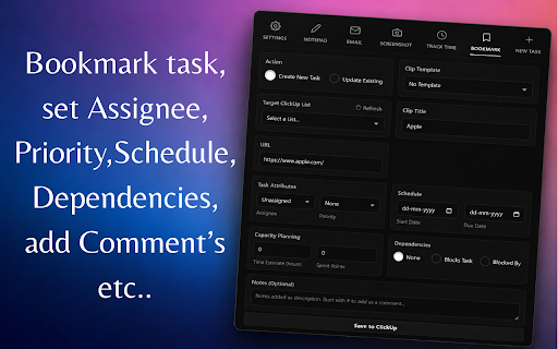 Save in ClickUp-Email,Screenshot,Task,Time,Schedule,Tags,Assignee,Capacity screenshot