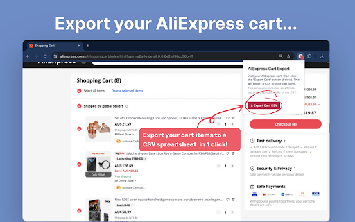 Ali Cart Export: Export your AliExpress cart to CSV screenshot