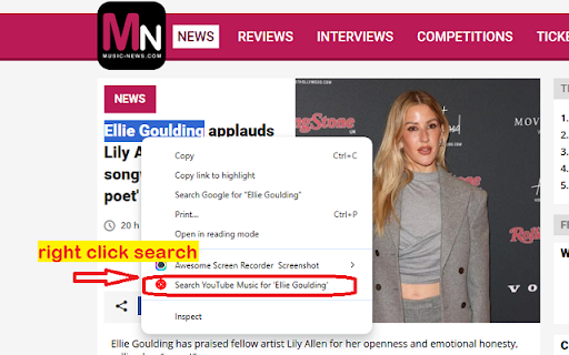 YouTube Music Web Player Search screenshot