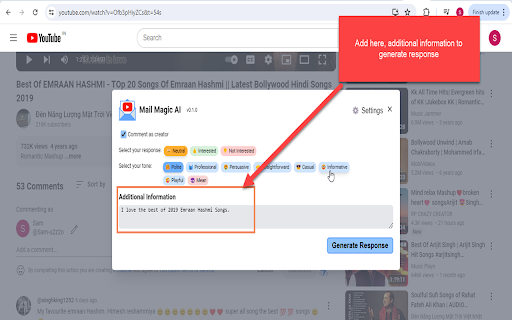 MailMagic AI assistant for Youtube comments screenshot