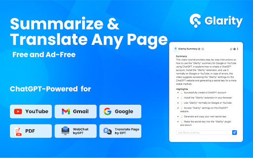 Glarity ChatGPT: Summary & Translate AnyPage screenshot