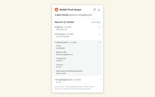 Reddit Pixel Helper screenshot