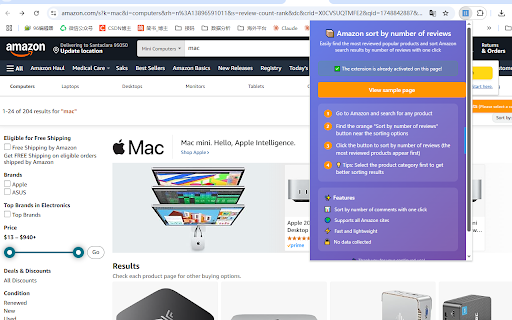 Amazon sort by number of reviews screenshot