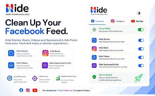 Hide Shorts, Reels, Stories & Sponsored – YouTube, Facebook & Instagram screenshot