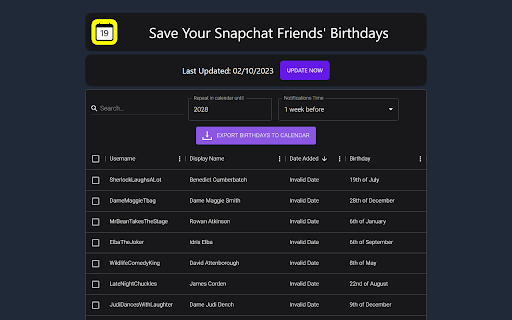 Snapchat Birthday Exporter screenshot