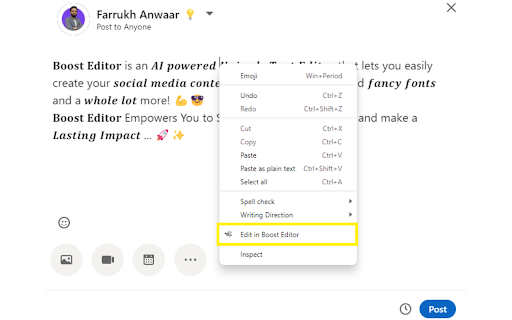 Boost Editor -Right Click in SM Post Text Box screenshot