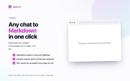Le Chat Suite · File Chats, Save Prompts, Export Markdown screenshot