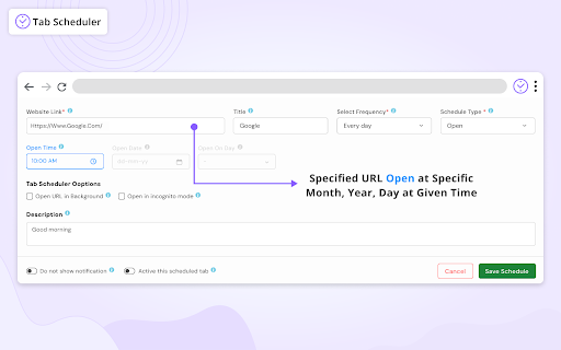 Tab Scheduler with auto open and close screenshot