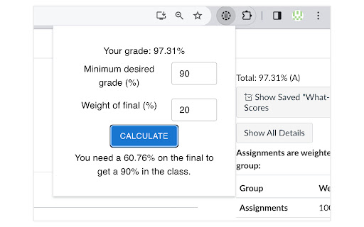 Canvas Final Grade Calculator screenshot