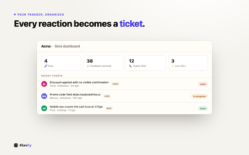 Klavity – AI Bug Reporter & Feedback for Jira, Linear, GitHub screenshot